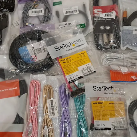 LOT OF APPROXIMATELY 20 ASSORTED CABLES TO INCLUDE STAGG MICROPHONE CABLE, SATA CABLE AND AUDIO CABLE