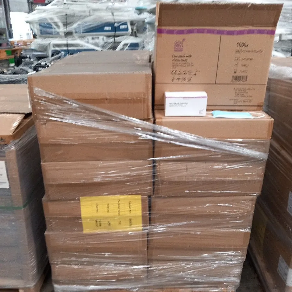 PALLET OF APPROXIMATELY 36000 GEN MED ENTERPRISES FACE MASKS WITH ELASTIC STRAPS