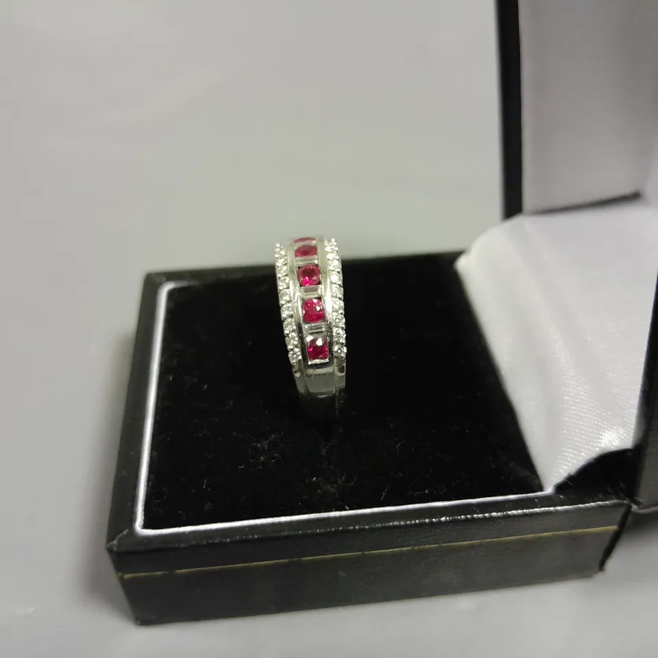 18CT WHITE GOLD HALF ETERNITY RING SET WITH RUBIES AND NATURAL DIAMOND WEIGHING +-1.51CT