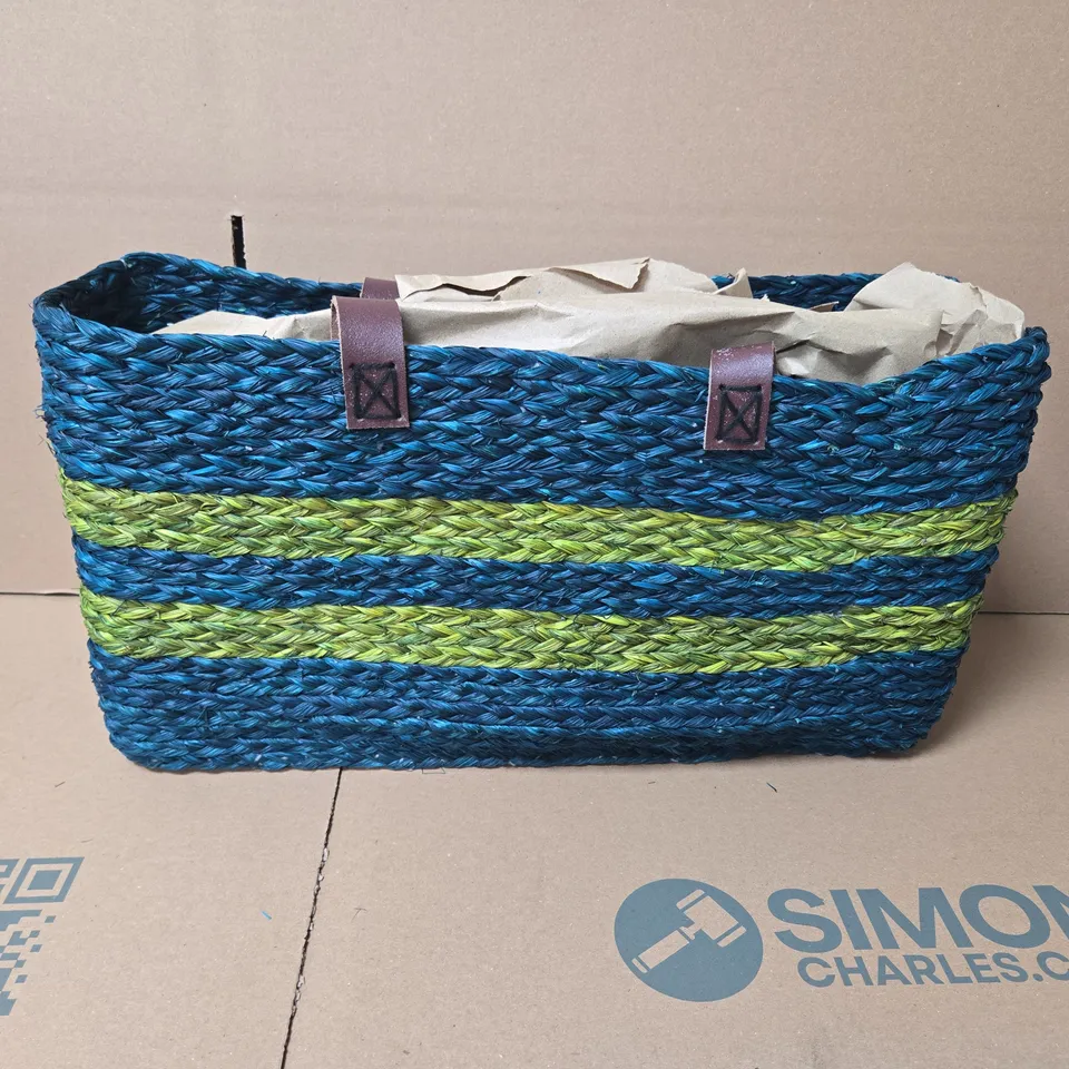 WOVEN SHOPPING TOTE/BAG – BLUE & LIME STRIPED WITH HANDLES. BOXED