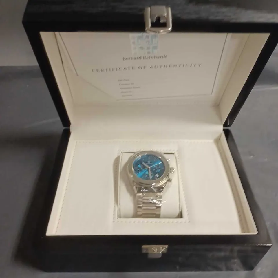 BERNARD REINHARDT ALL 316L STAINLESS STEEL BLUE FACED GENTS WATCH IN WOODEN PRESENTATION BOX