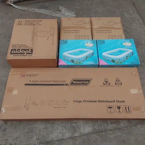 PALLET OF ASSORTED ITEMS INCLUDING: INFLATABLE POOLS, INCLINED WHITEBOARD STAND, TOP SMART MUSIC LED CEILING LIGHTS, TOILET SEAT AND FRAME ECT