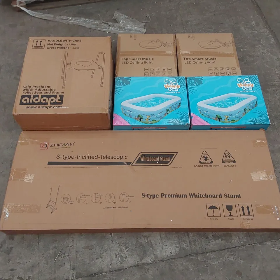 PALLET OF ASSORTED ITEMS INCLUDING: INFLATABLE POOLS, INCLINED WHITEBOARD STAND, TOP SMART MUSIC LED CEILING LIGHTS, TOILET SEAT AND FRAME ECT