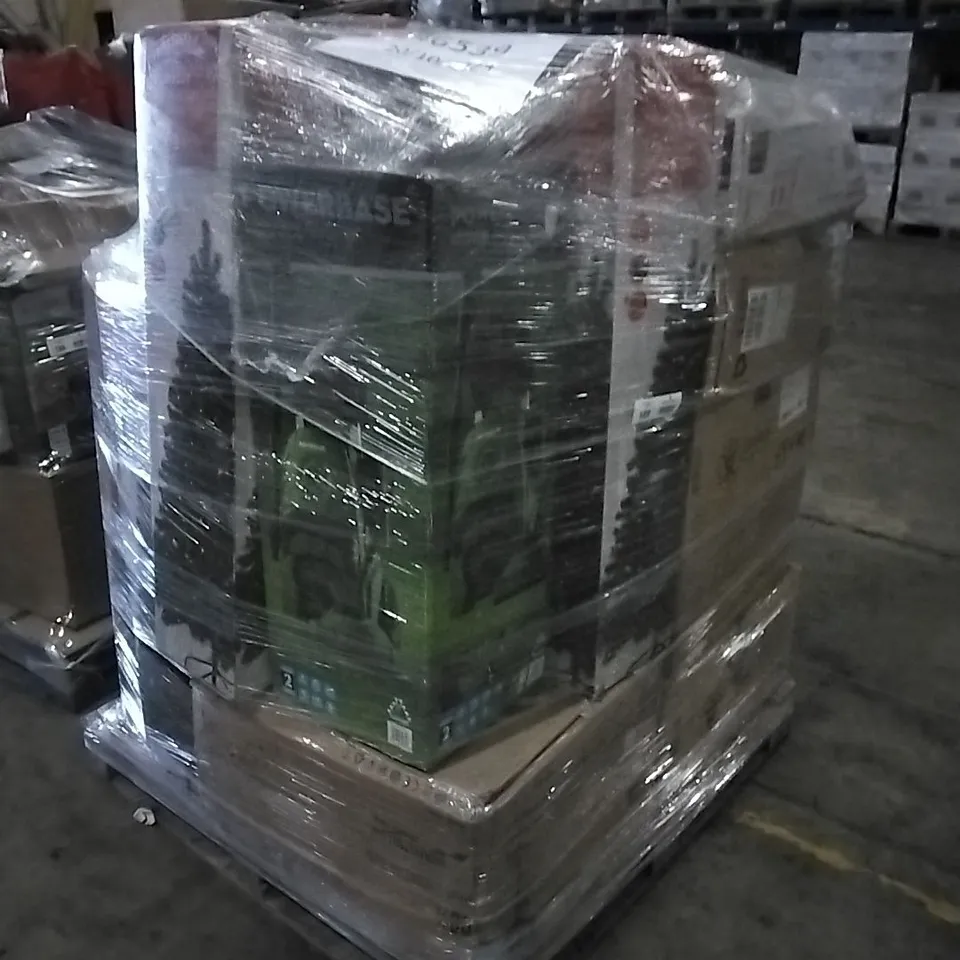 PALLET OF AMAZON MIXED RETURNS INCLUDING PRE-LIT EVERGREEN TREES, POWERBASE PRESSURE WASHER, KITCHEN SINK BASINS