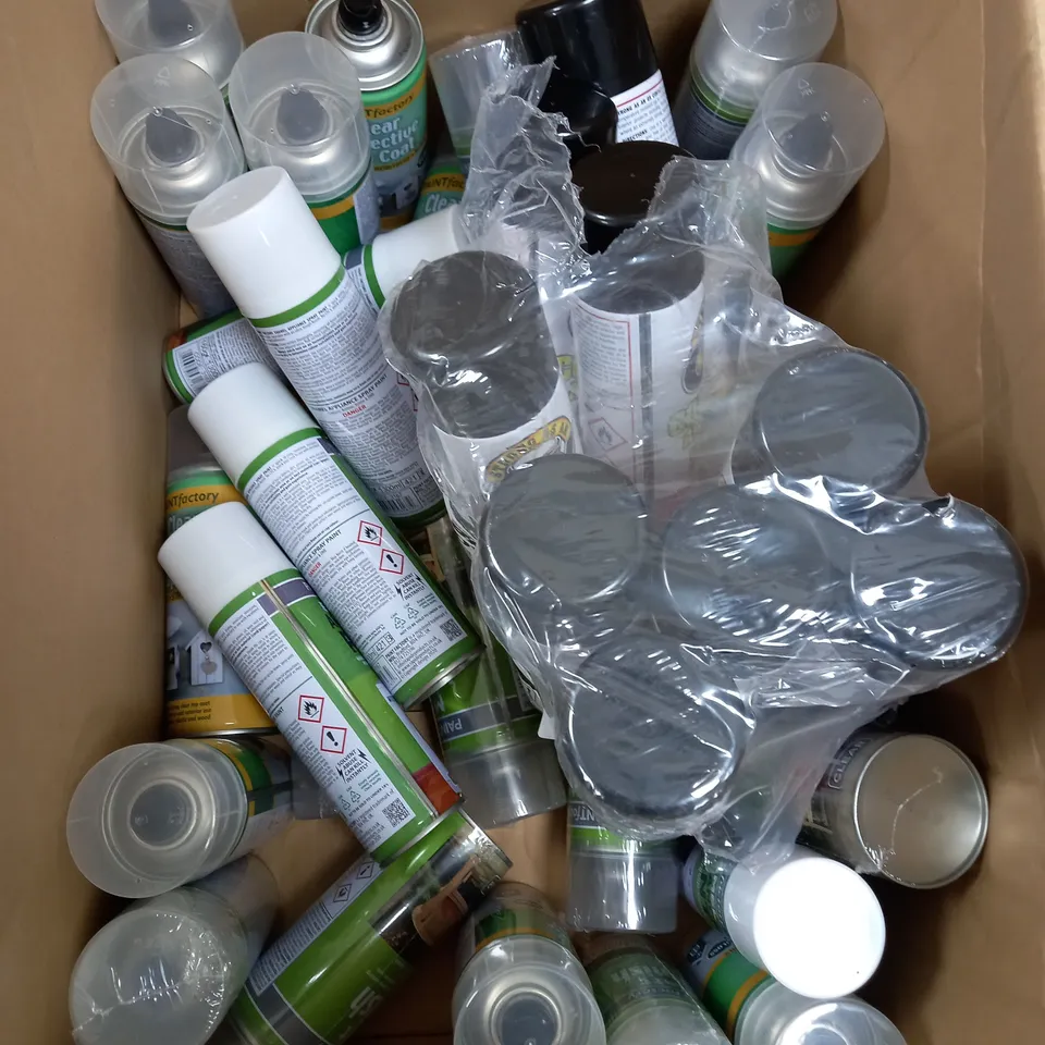 BOX OF APPROXIMATELY 30 ASSORTED ITEMS TO INCLUDE MATT VARNISH, CONTACT ADHESIVE, APPLIANCE PAINT ETC