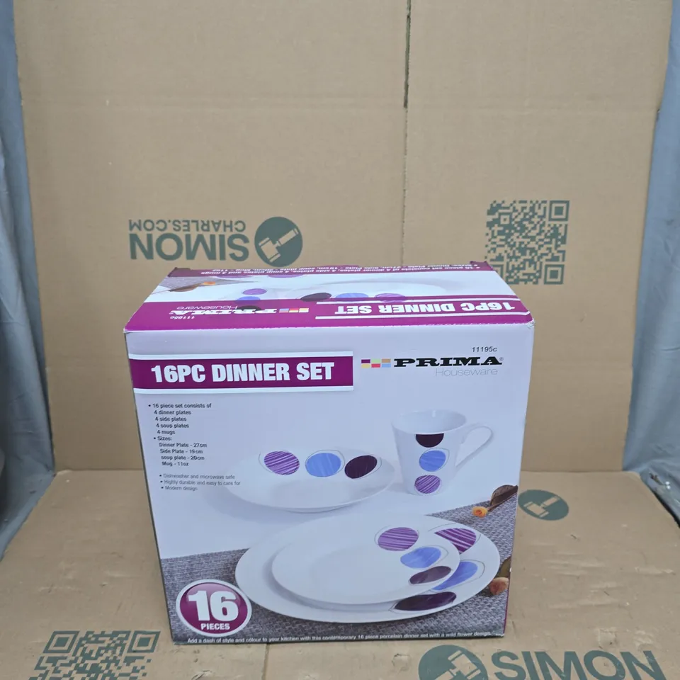 PRIMA 16-PIECE DINNER SET – WHITE WITH PURPLE/BLUE DOTS (BOXED)
