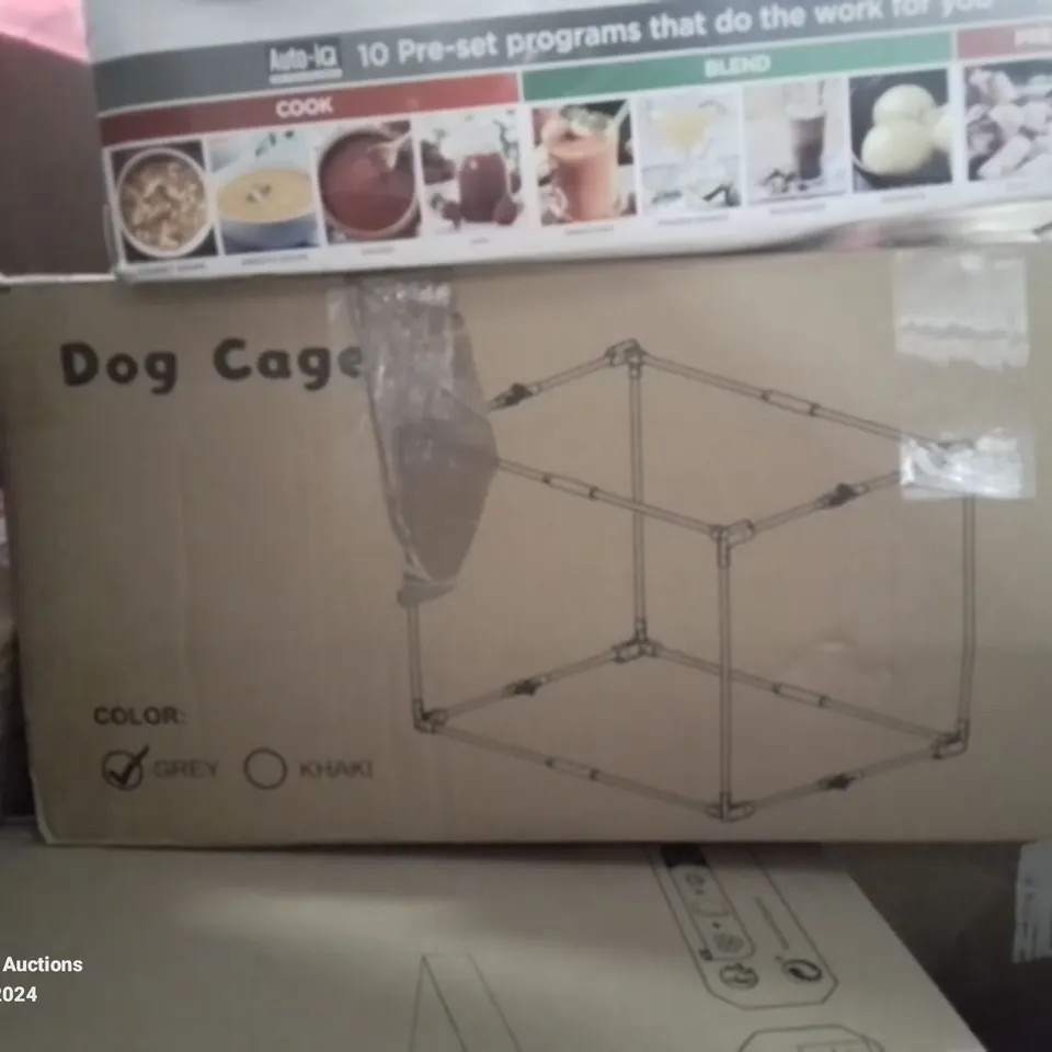PALLET CONTAINING VARIOUS ASSORTED ITEMS TO INCLUDE:PAPER SHREDDER, NINJA FOOD BLENDER, MATERIAL WARDROBE, DOG CAGE, COOKER HOODS ETC.