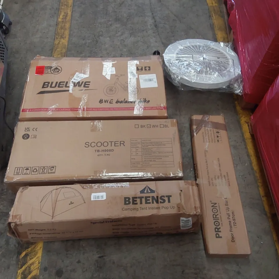 PALLET OF ASSORTED ITEMS INCLUDING: BALANCE BIKE, SCOOTER, POP-UP TENT, PULL-UP BAR, FAN ECT