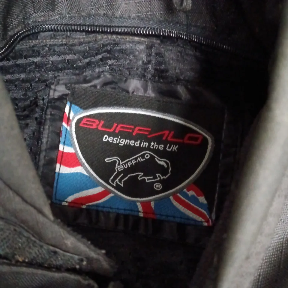 BUFFALO MOTORCYCLE JACKET – BLACK WITH REFLECTIVE STRIPES, UK DESIGNED, SIZE XL