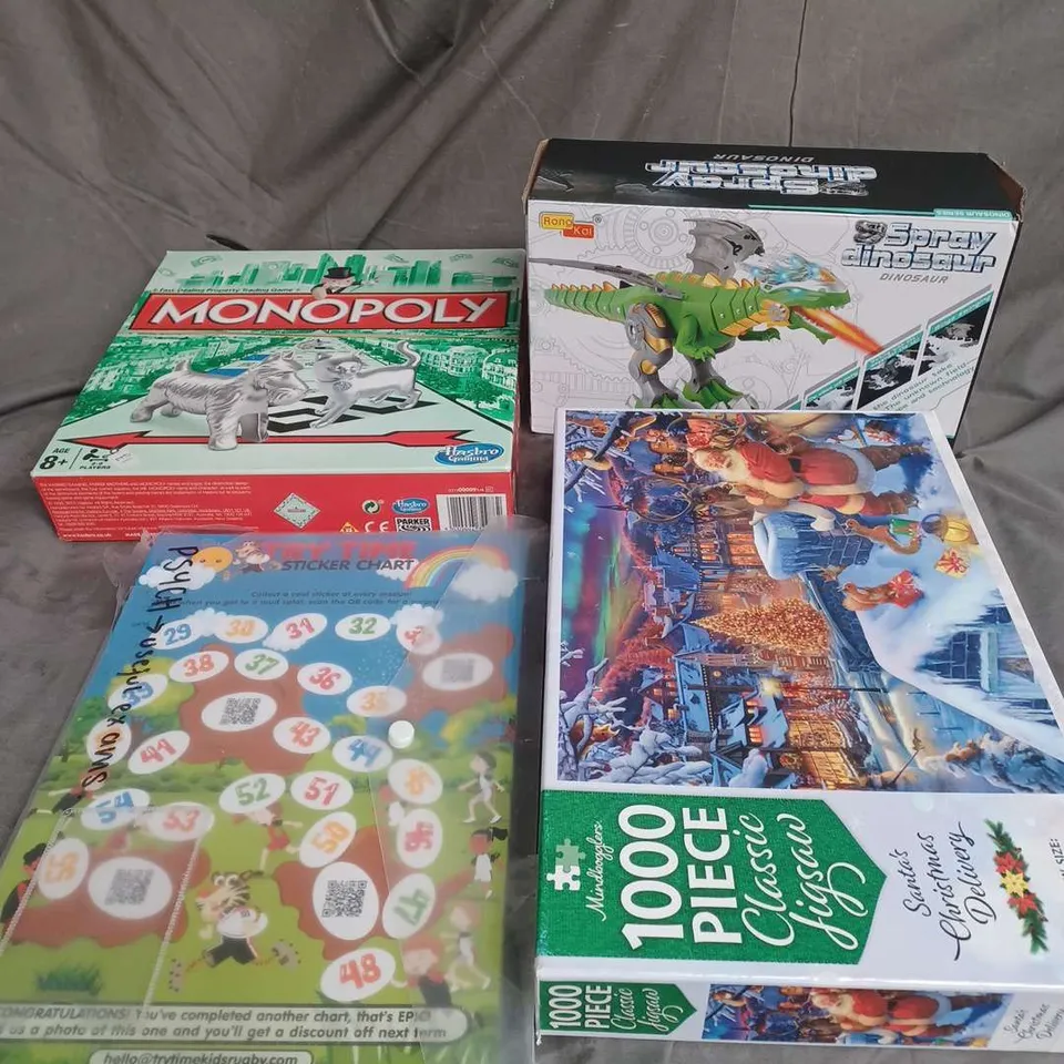 APPROXIMATELY 15 ASSORTED TOYS & GAMES TO INCLUDE - MONOPOLY BOARD GAME - MECHANICAL DINOSAUR TOY - SANTA CHRISTMAS DELIVERY JIGSAW - ETC