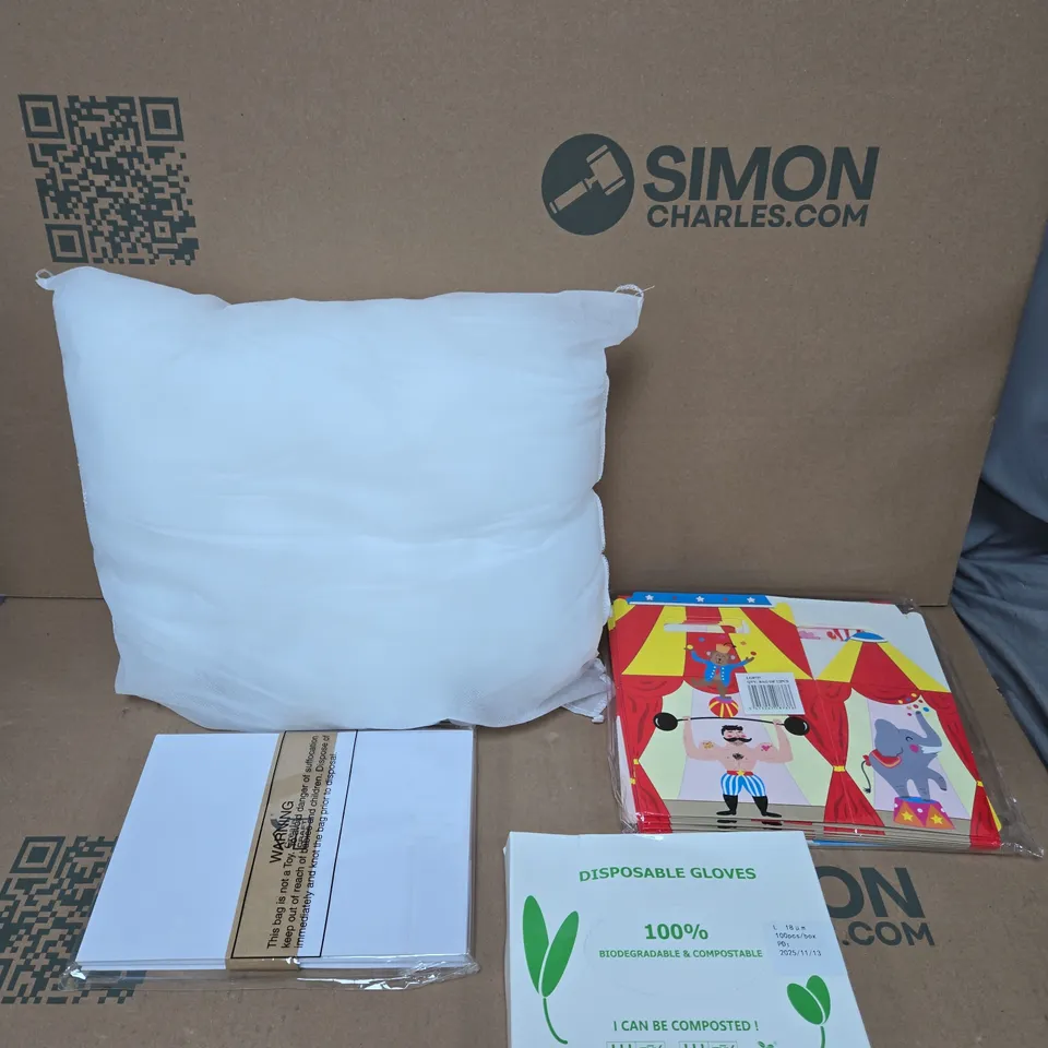 BOX OF APPROXIMATELY 15 ASSORTED HOUSEHOLD ITEMS TO INCLUDE A CUSHION, WHITE ENVELOPES AND DISPOSABLE GLOVES