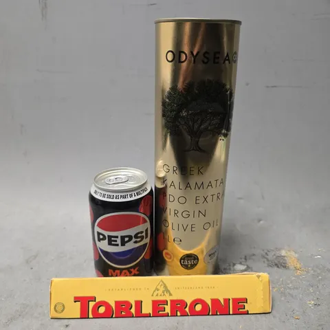 APPROXIMATELY 16 ASSORTED FOOD & DRINK ITEMS TO INCLUDE - PEPSI MAX CHERRY , DYSEA EXTRA VIRGIN OLIVE OIL , TOBLERONE