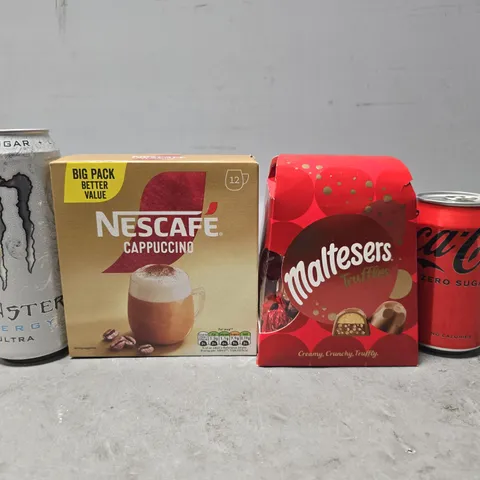 APPROXIMATELY 8 ASSORTED FOOD & DRINK ITEMS TO INCLUDE - MALTESERS TRUFFLES , COCA COLA , MONSTER ETC