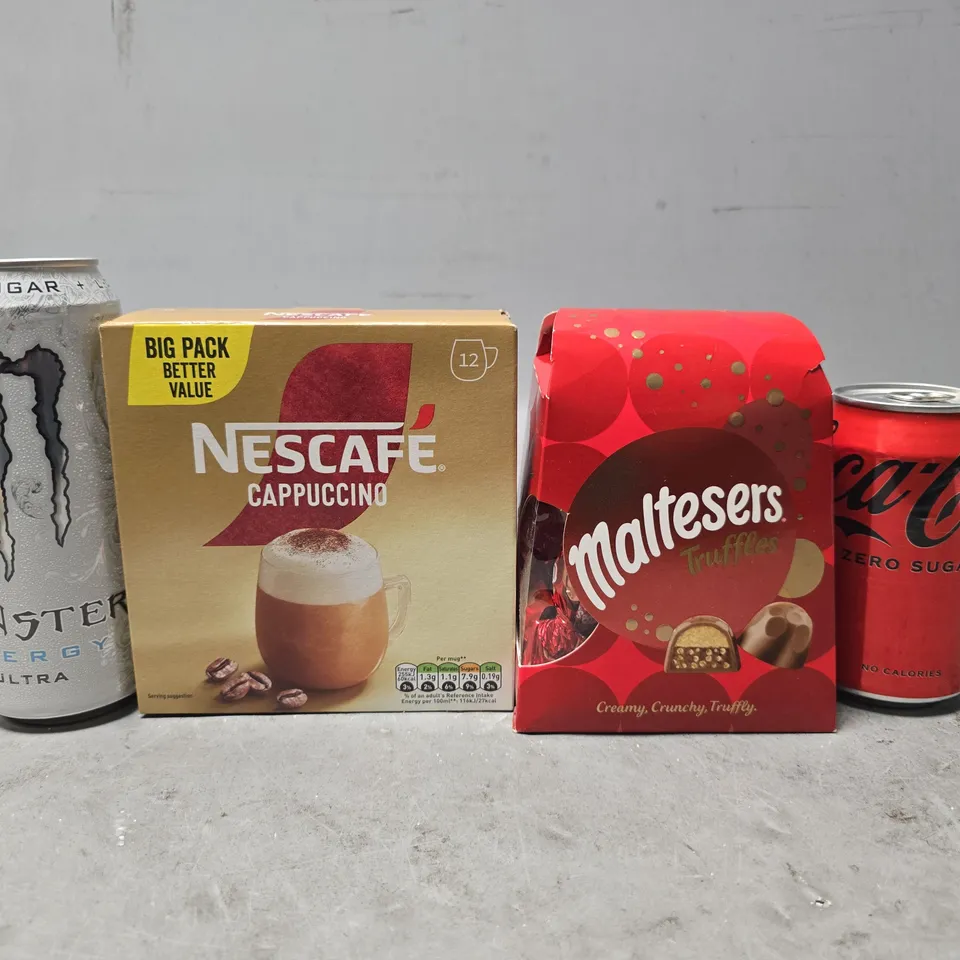 APPROXIMATELY 8 ASSORTED FOOD & DRINK ITEMS TO INCLUDE - MALTESERS TRUFFLES , COCA COLA , MONSTER ETC