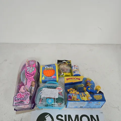 BOX OF APPROXIMATELY 10 ASSORTED ITEMS INCLUDING STICKI ROLLS DISNEY STITCH, FLEXI WORM AND SUPERTHINGS RIVALS OF KABOOM COMBAT VEHICLE MULTY