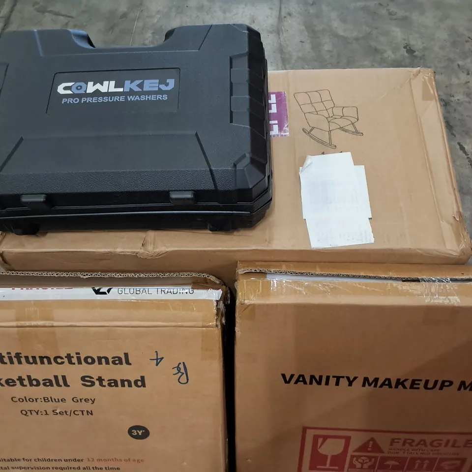 PALLET OF ASSORTED HOUSEHOLD ITEMS TO INCLUDE ROCKING CHAIR, PRO PRESSURE WASHER AND VANITY MAKEUP MIRROR