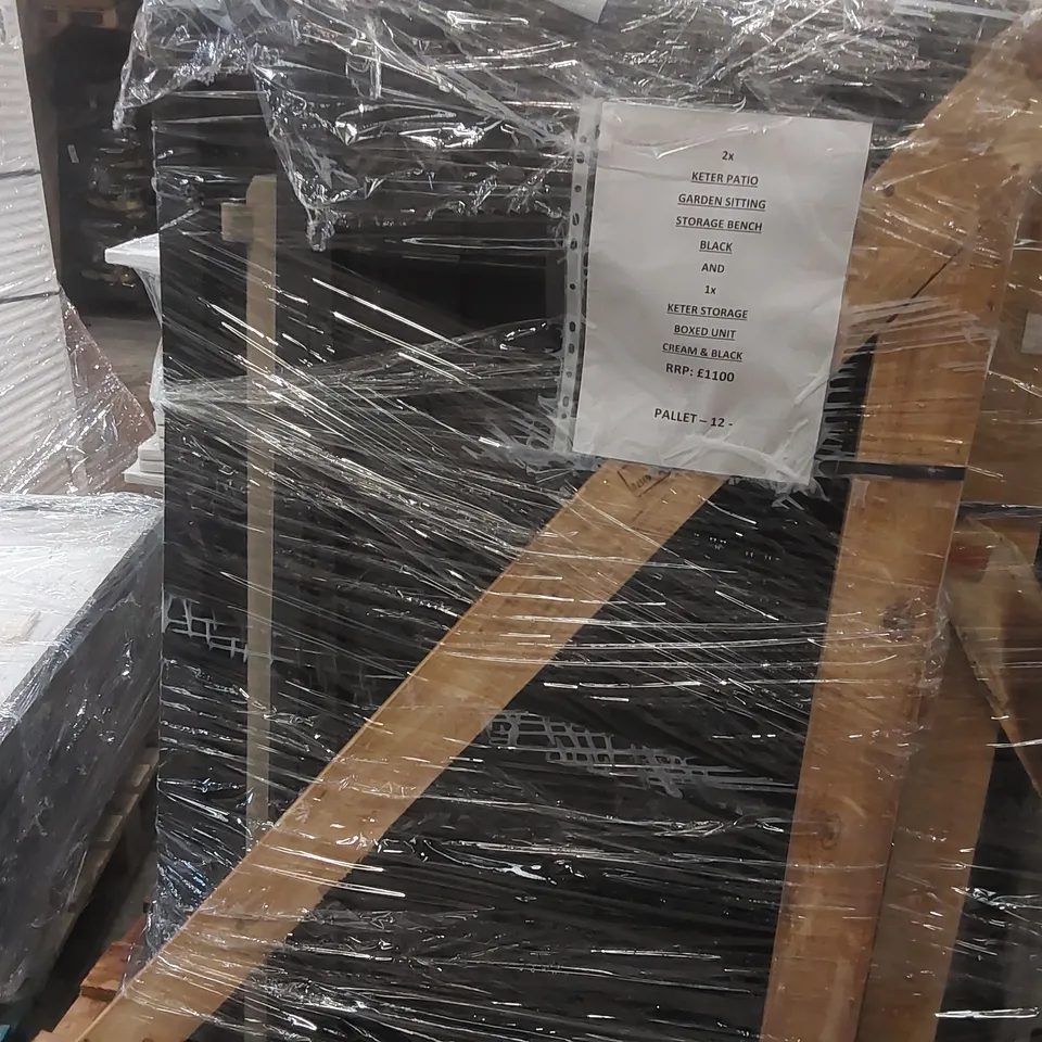 PALLET CONTAINING APPROXIMATELY 2x KETER PATIO GARDEN SITTING STORAGE BENCH AND 1x KETER STORAGE BOXED UNIT