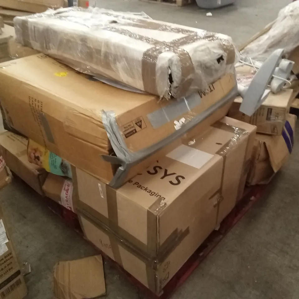 PALLET OF ASSORTED HOUSEHOLD GOODS AND PRODUCTS TO INCLUDE; SUITCASE, CHRISTMAS DECOR, BOXED FURNITURE ETC