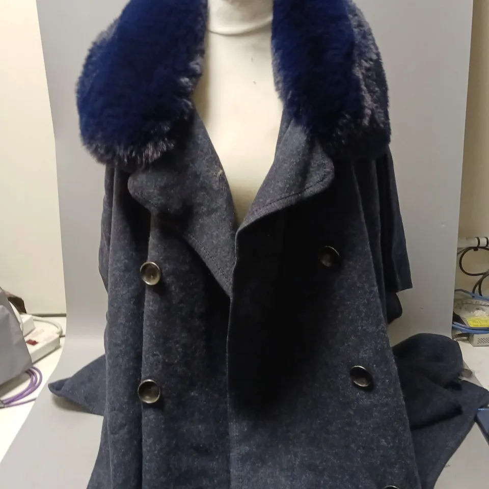 FRANK USHER LADIES CAPE WITH FAUX FUR TRIM BLUE SIZE ONE SIZE