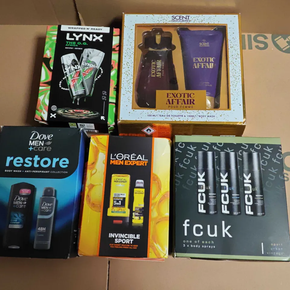 LOT OF 5 ASSORTED HEALTH AND BEAUTY GIFT SETS TO INCLUDE LYNX, FCUK AND DOVE