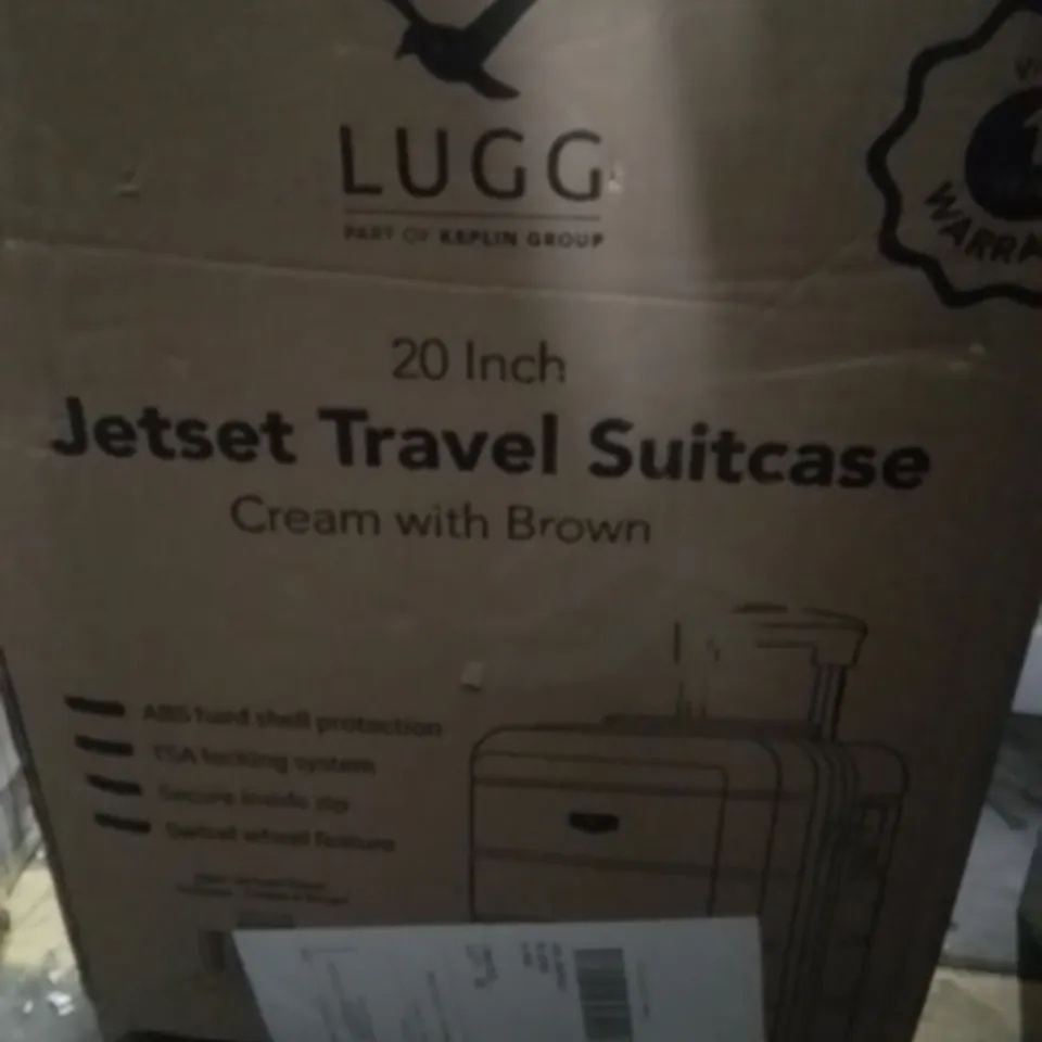 BOXED KEPLIN LUGG 20INCH JETSET TRAVEL SUITCASE CREAM AND BROWN COLOUR 