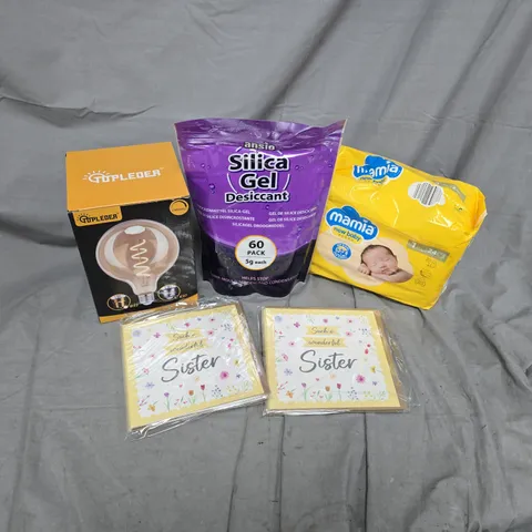 APPROXIMATELY 20 ASSORTED HOUSEHOLD PRODUCTS TO INCLUDE MAMIA NEW BABY BOTTOMS, SILICA GEL, G125 BULB, ETC