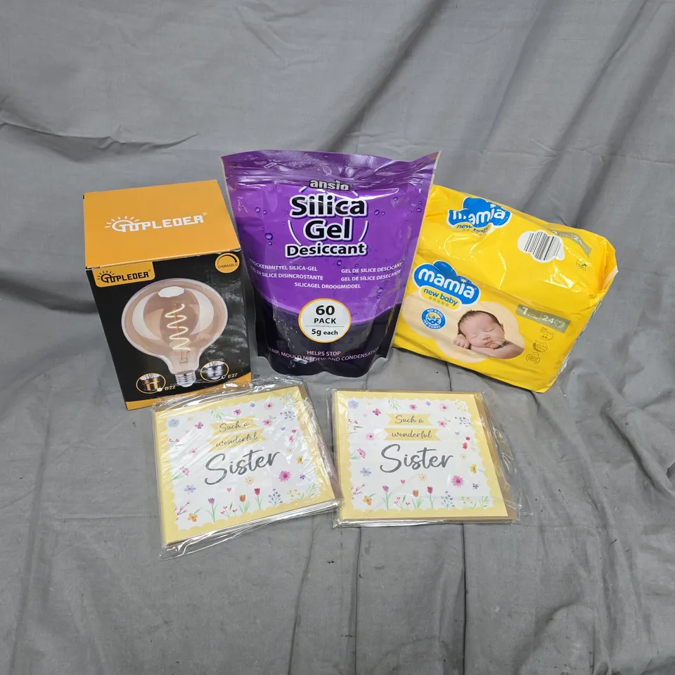 APPROXIMATELY 20 ASSORTED HOUSEHOLD PRODUCTS TO INCLUDE MAMIA NEW BABY BOTTOMS, SILICA GEL, G125 BULB, ETC