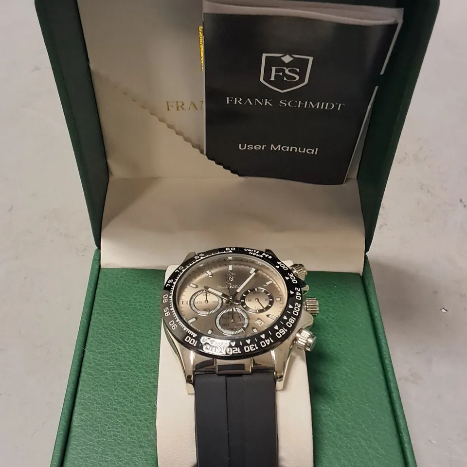 FRANK SCHMIDT STAINLESS STEEL CHRONOGRAPH WATCH WITH BLACK RUBBER STRAP