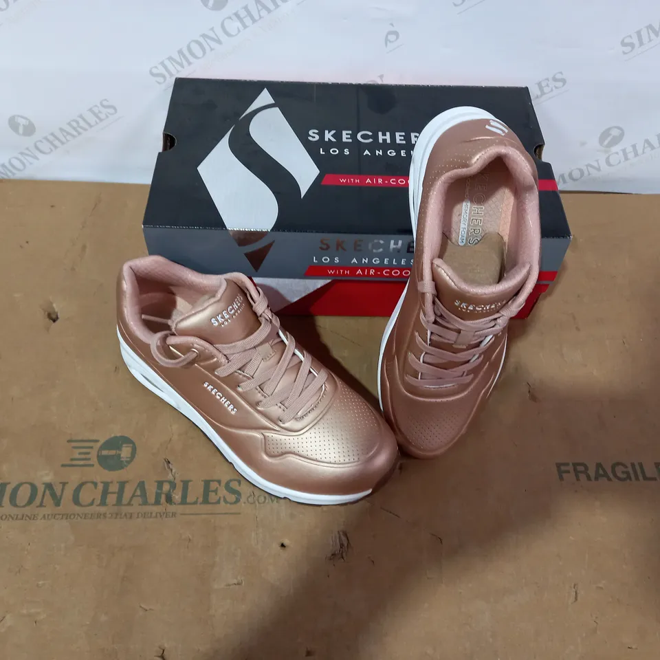 BOXED PAIR OF SKECHERS ROSE GOLD TRAINERS- SIZE 4.5