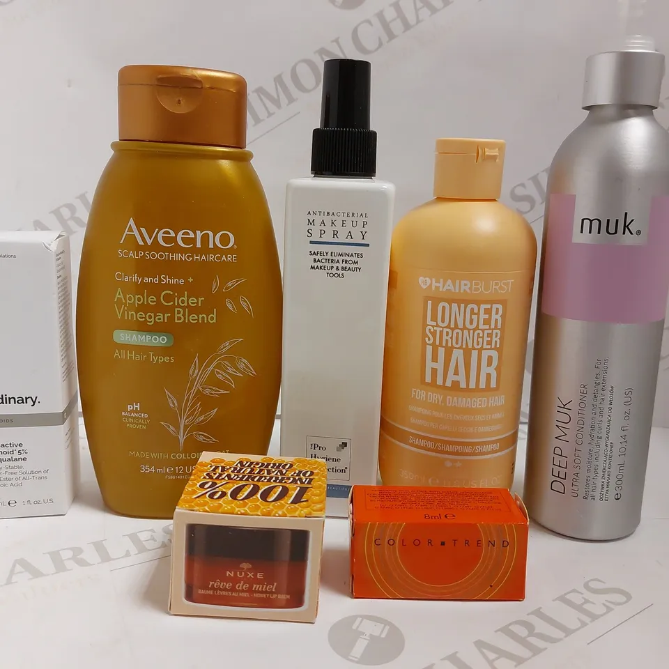 BOX OF APPROX 10 COSMETIC ITEMS TO INCLUDE HAIRBURST SHAMPOO, ANTIBACTERIAL MAKE UP SPRAY, THE ORDINARY RETINOIDS