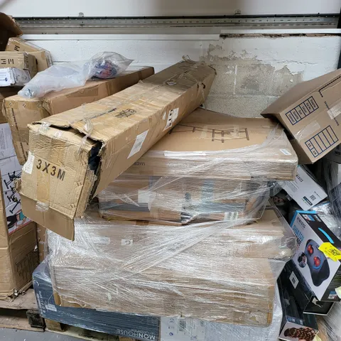 PALLET OF APPROXIMATELY 10 ASSORTED HOME, GARDEN AND COOLING ITEMS TO INCLUDE HEIGHT ADJUSTABLE STANDING DESK FRAME, 3X3M GAZEBO, MONHOUSE DEHUMIDIFIER, HOMIDEC FLAT PACK DESK WITH STORAGE, ETC