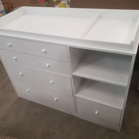 WHITE CHEST OF DRAWERS, BABY CHANGING UNIT WITH 5 DRAWERS & STORAGE SHELVES, 120W X 49.5D X 91.8H CM BABY CLOTHES STORAGE CABINET DRESSER FOR BEDROOM, BABY ROOM