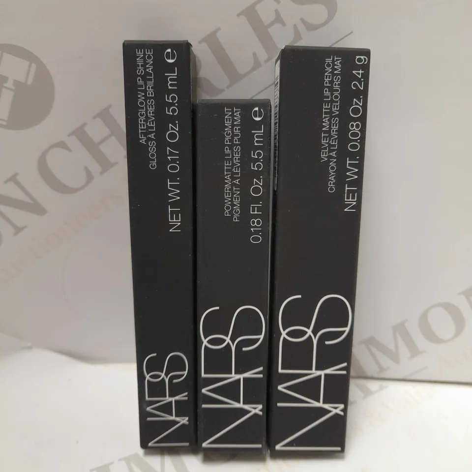 LOT OF 3 NARS PRODUCTS TO INCLUDE AFTERGLOW LIP SHINE - TRIPLE X, POWERMATTE LIP PIGMENT - UNDER MY THUMB, VELVET MATTE LIP PENCIL - MYSTERIOUS RED