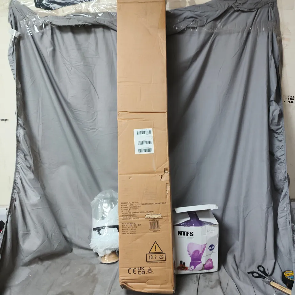 CAGE OF APPROXIMATELY 12 ASSORTED ITEMS INCLUDING FACIAL STEAMER, CHRISTMAS SNOW GLOBE, 6FT FOOTBALL GOAL ETC