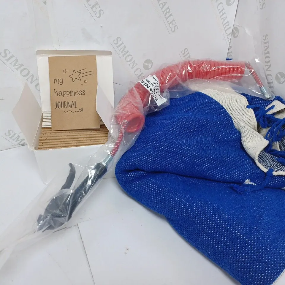 APPROXIMATELY 15 ASSORTED HOUSEHOLD ITEMS TO INCLUDE HAPPINES JOURNALS, INDUTRIAL AIRLINE HOSE, RUGS/MATS, ETC
