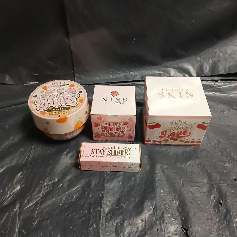 PLOUISE LOT OF 4 ASSORTED COSMETIC PRODUCTS TO INCLUDE - LAY IT ON THICK MANGO BODY BUTTER - PEEL THE LOVE PEEL OFF MASK - SOFT SUNDAY STRAWBERRY CREAMY MOISTURISER