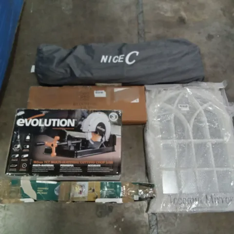 PALLET OF ASSORTED ITEMS INCLUDING EVOLUTION CUTTING CHOP SAW, TOSCANA MIRROR, BAMBOO BATHTUB CADDY, NICEC FOLDOUT CAMPING CHAIR, TATKRAFT CLOTHES RACK, AMAGABELI SENSOR TRASH CAN