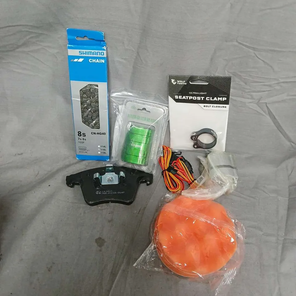 APPROXIMATELY 8 ASSORTED VEHICLE PARTS & ACCESORIES TO INCLUDE SHIMANO CHAIN, BRAKE PAD, INNER-OUTER REAMER, ETC