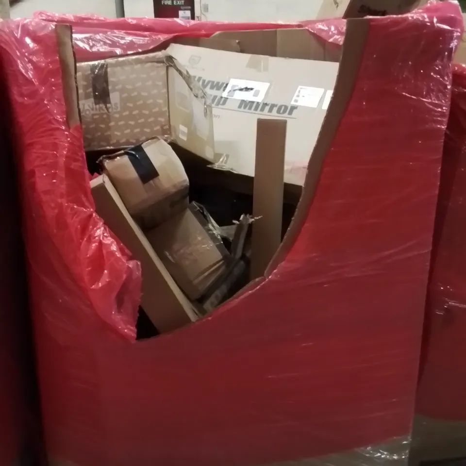 PALLET CONTAINING VARIOUS ASSORTED BOXED HOUSEHOLD ITEMS TO INCLUDE: KIDS BOOSTER SEATS, STEAM CLEANER, MAKEUP MIRROR AND LOTS MORE UNMARKED BOXED ITEMS 