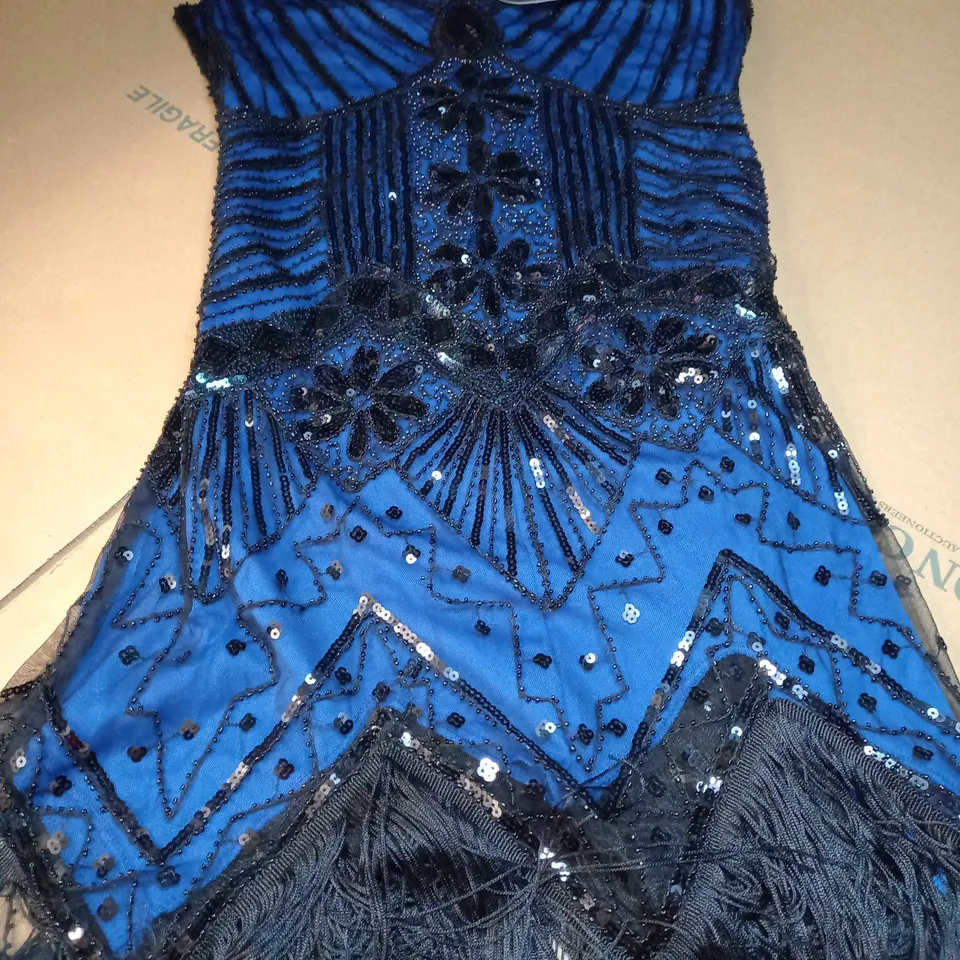 ROROX VIBRANT BLUE/BLACK BEAD SEQUIN DETAILED FLAPPER STYLE DRESS - LARGE