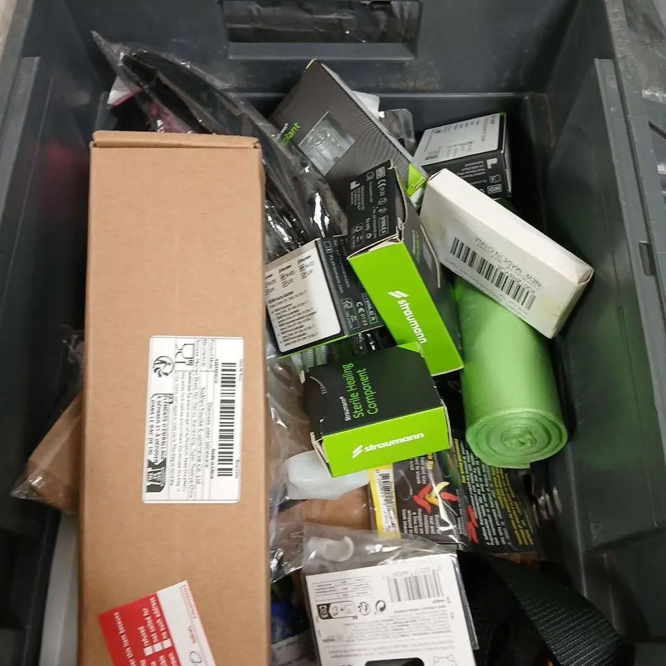 TOTE OF APPROXIMATELY 15 HOUSEHOLD ITEMS TO INCLUDE - FREESTYLE LIBRE STRIPS - PULSE OXIMETER - STRAPS