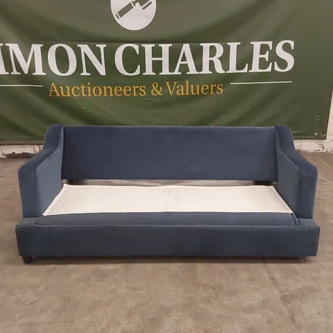QUALITY DESIGNER SOFA BED - BLUE VELVET // CUSHIONS MISSING