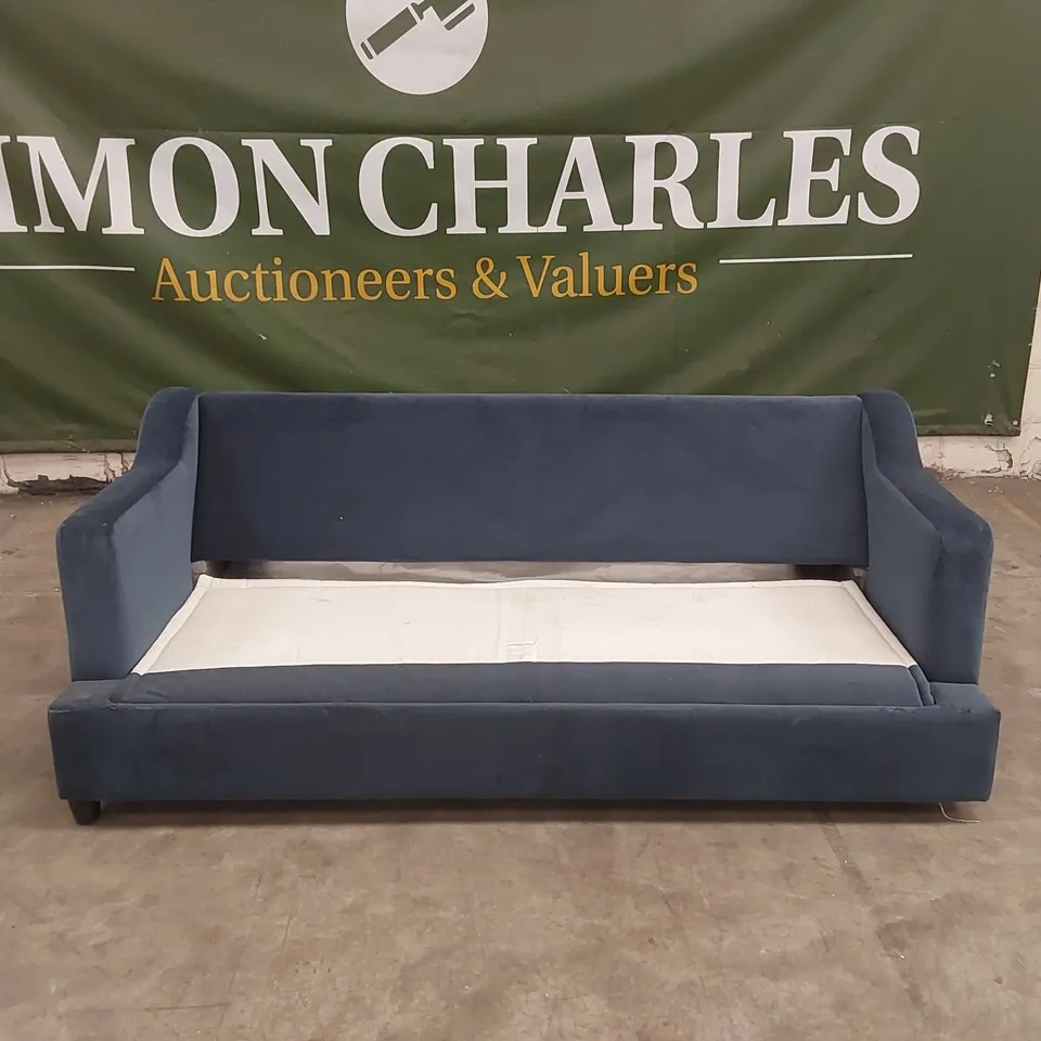 QUALITY DESIGNER SOFA BED - BLUE VELVET // CUSHIONS MISSING