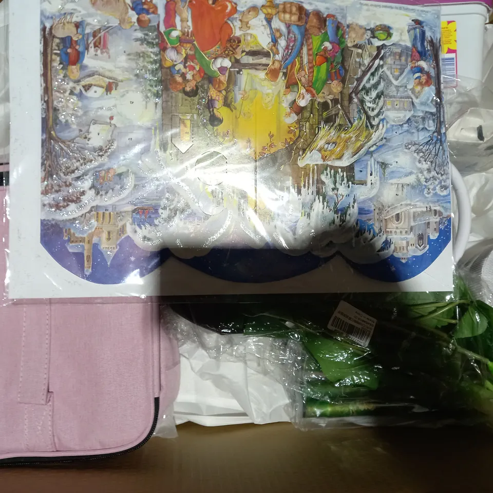 BOX OF APPROXIMATELY 15 ASSORTED HOUSEHOLD ITEMS TO INCLUDE COUNTDOWN TO CHRISTMAS ADVENT CALENDAR, WALKING STICK, DOG TOY, ETC