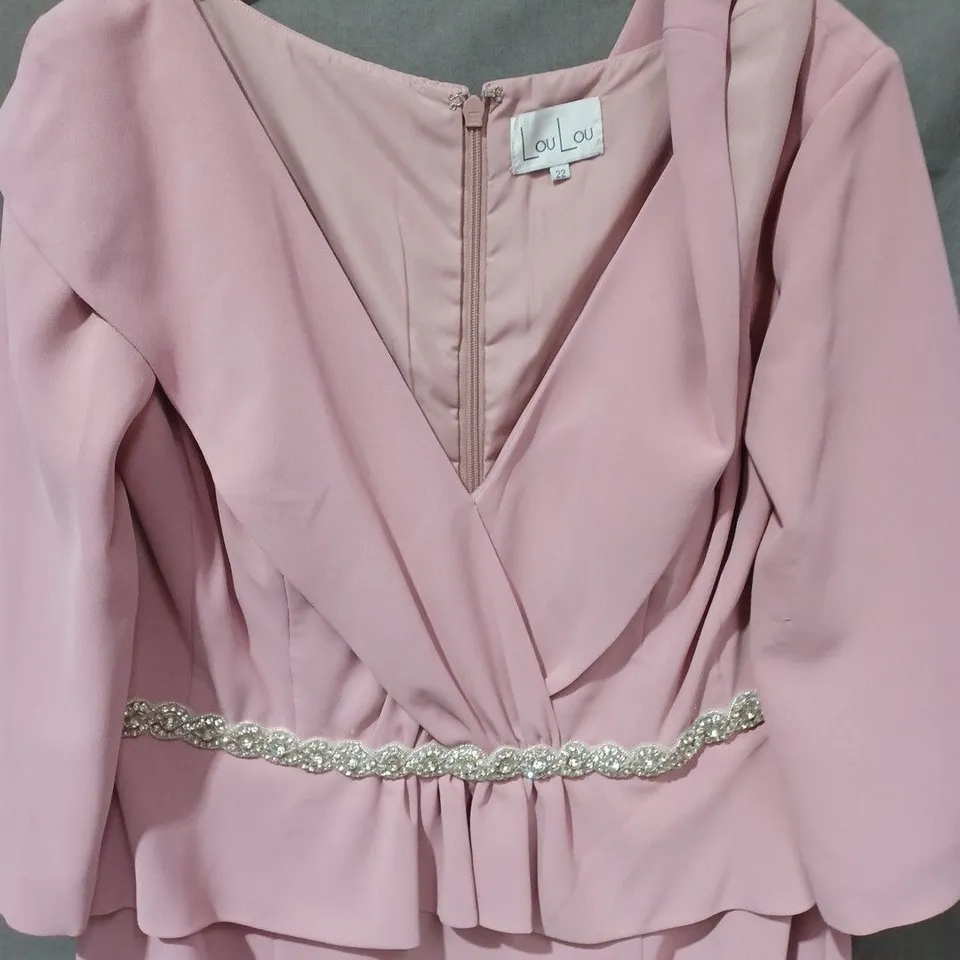 LOU LOU BACK ZIP SEQUIN DETAIL V-NECK DRESS IN PINK - SIZE 22
