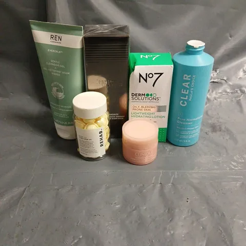 LOT OF 6 ASSORTED COSMETIC PRODUCTS TO INCLUDE CLINIQUE MOISTURE SURGE GEL-CREME, REHAB. CURLY HAIR OIL, N07 LIGHTWEIGHT HYDRATING LOTION, ETC