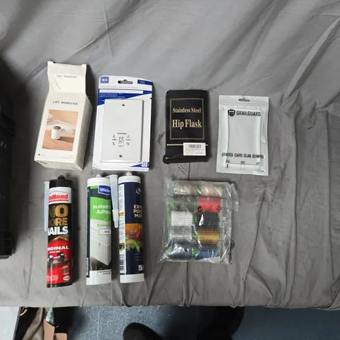 APPROXIMATELY 15 ASSORTED DIY & HOUSEHOLD ACCESSORIES PACK – ADHESIVES, LINT REMOVER, HIP FLASK, BRUSHES & TAPES