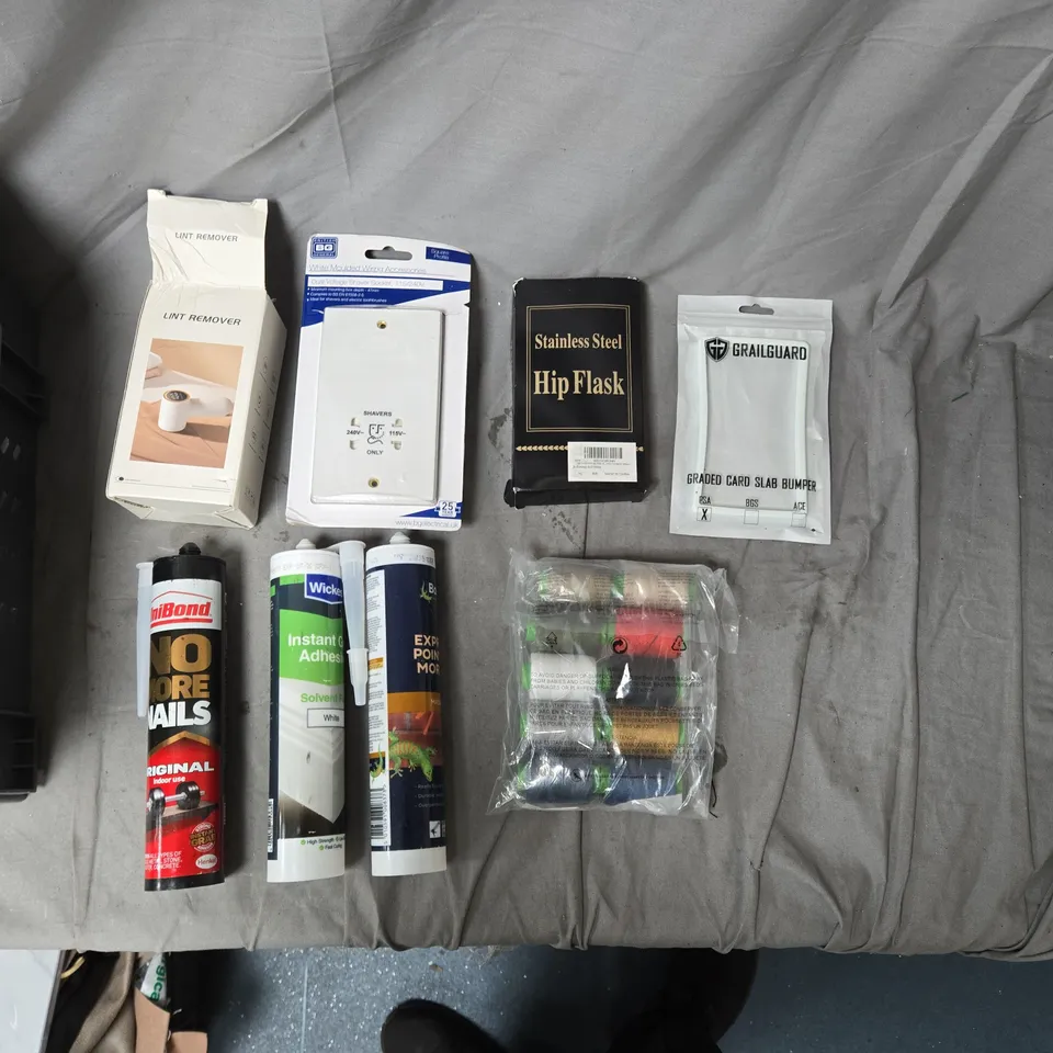 APPROXIMATELY 15 ASSORTED DIY & HOUSEHOLD ACCESSORIES PACK – ADHESIVES, LINT REMOVER, HIP FLASK, BRUSHES & TAPES