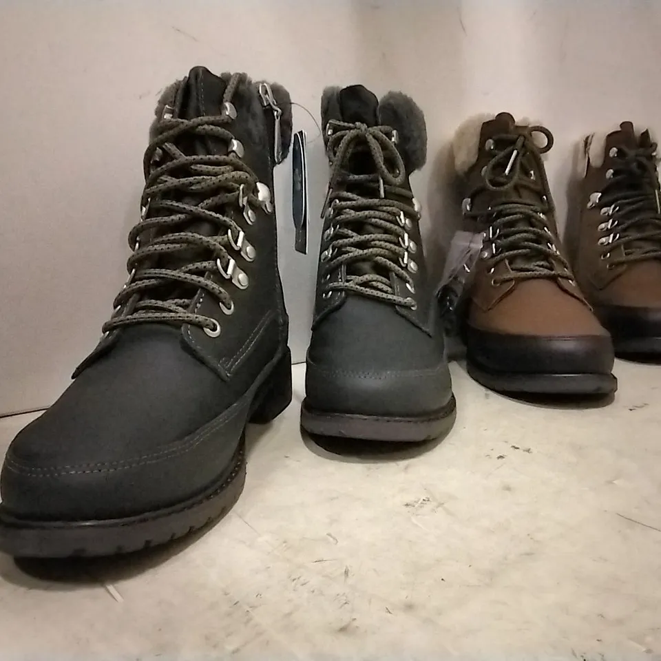 BOXED UNISEX EMU AUSTRALIA OKAB BOOTS , 1 PAIR OAK  SIZE 5 , 3 PAIRS GREY  SIZE 8