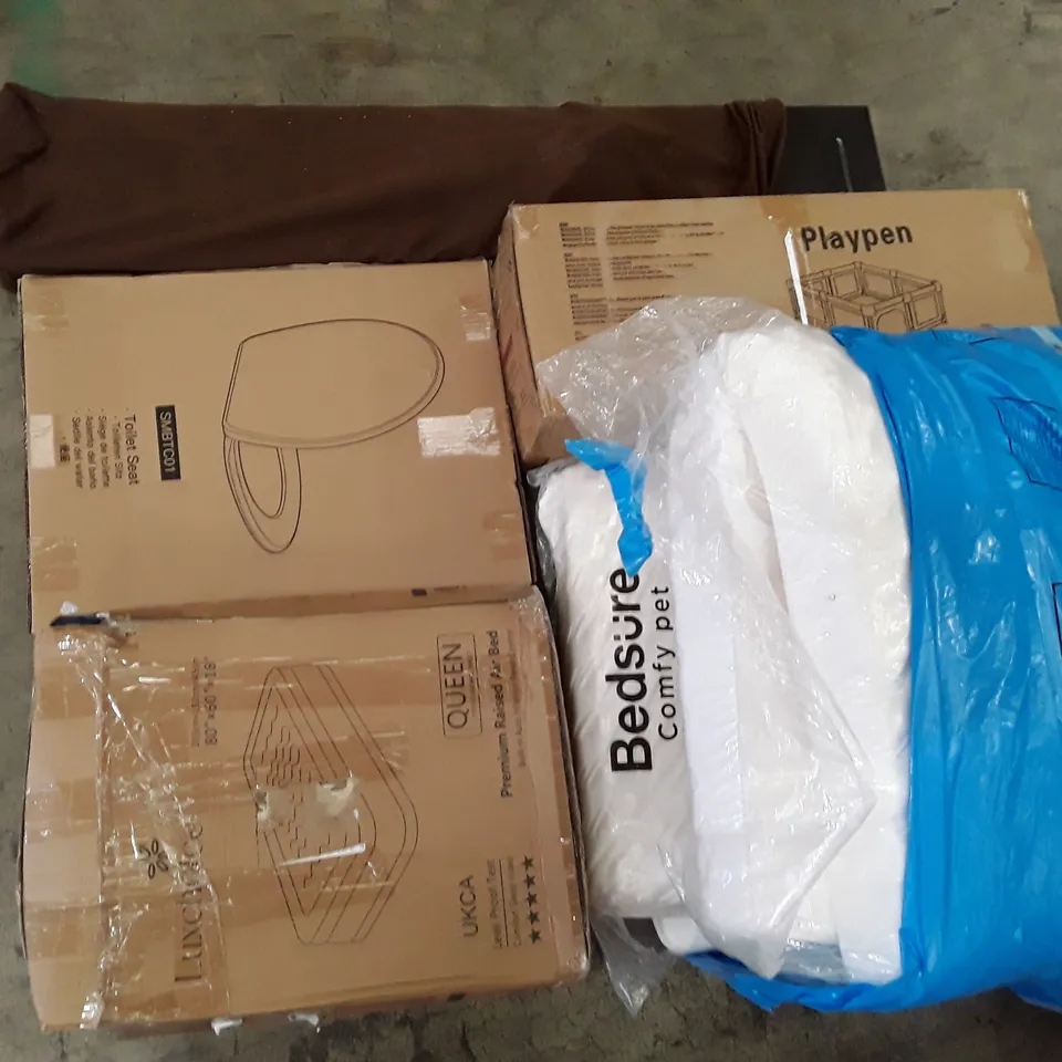 PALLET OF ASSORTED PRODUCTS INCLUDING BATH FAUCET, TOILET SEAT, PLAYPEN, PREMIUM RAISED AIR BED, PET BED
